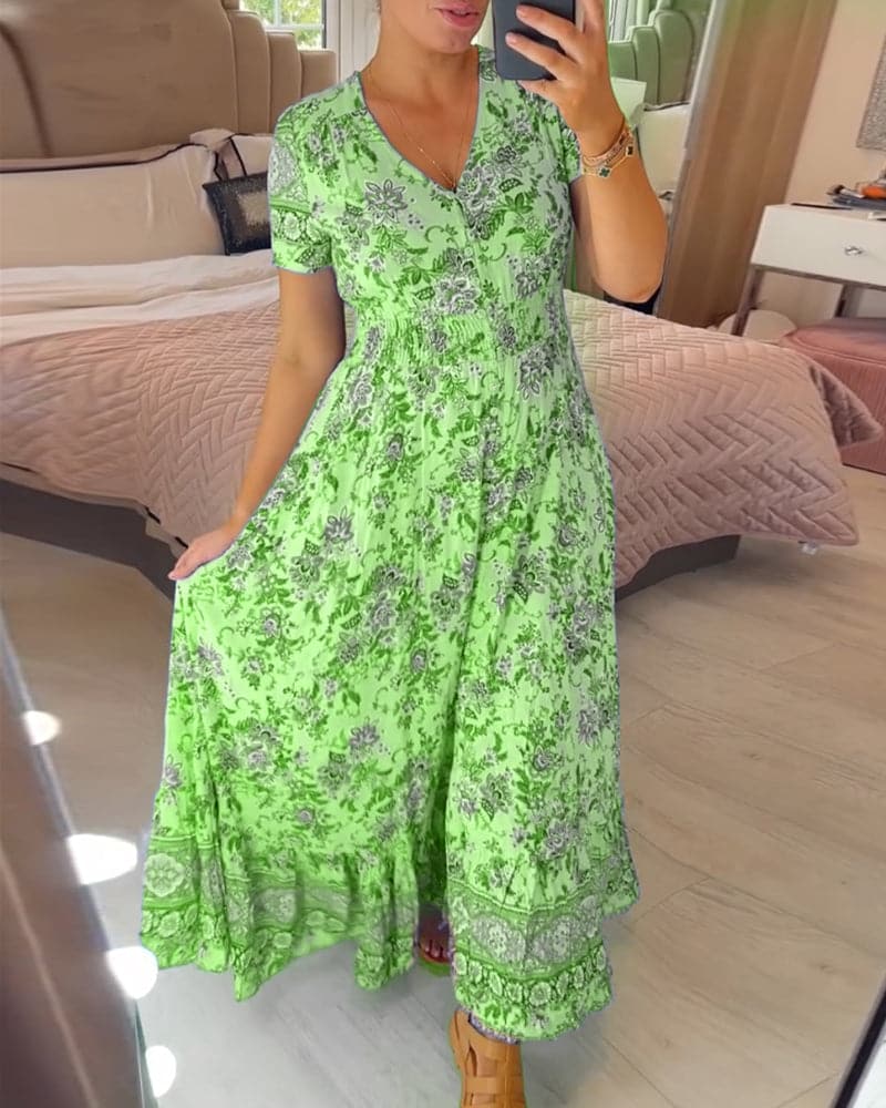 Floral Paisley V Neck Short Sleeve Boho Maxi Dress