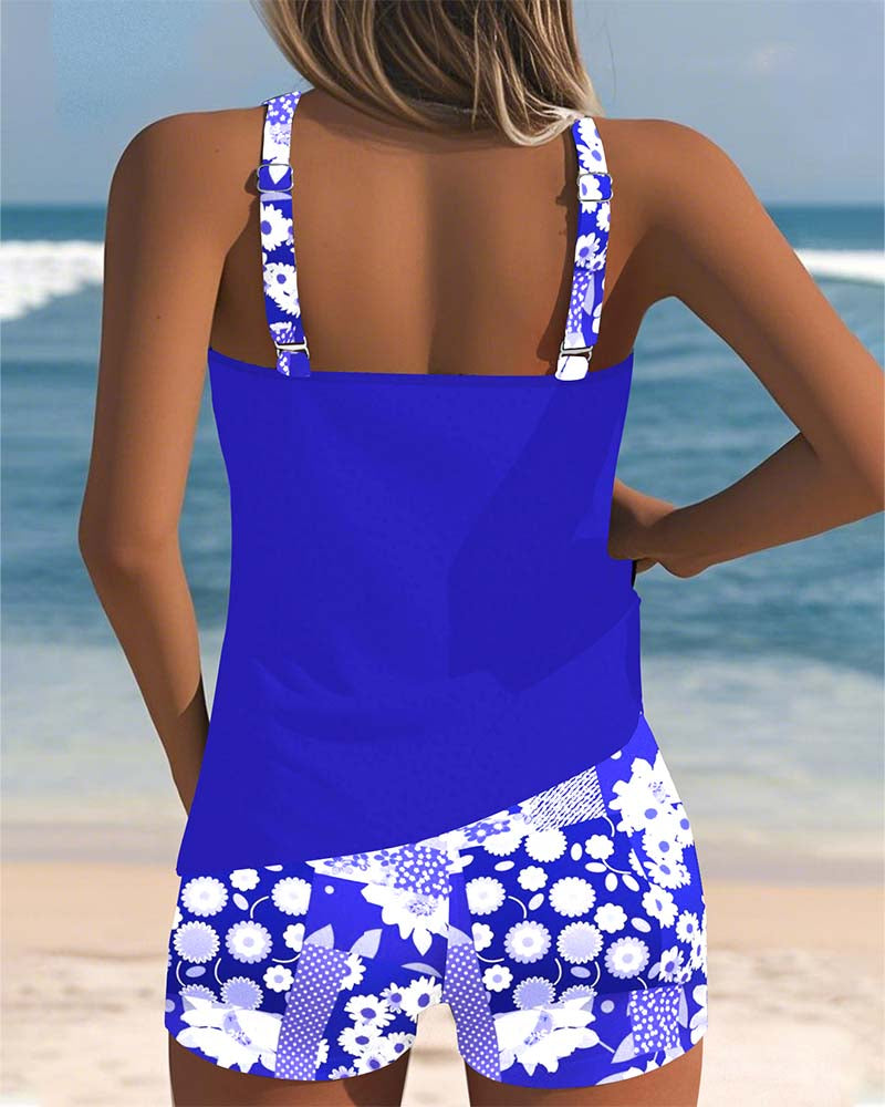 Floral Print Racerback Tankini Top Boyshort Swimsuit Set