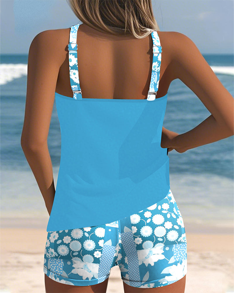 Floral Print Racerback Tankini Top Boyshort Swimsuit Set