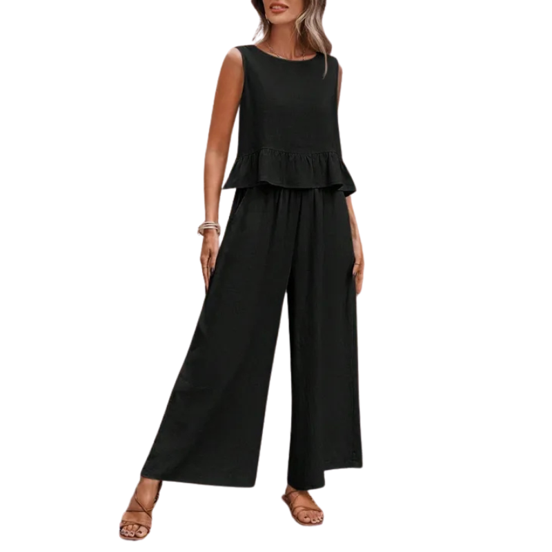 Ruffle Hem Sleeveless Tank Top and Wide Leg Linen Pant Set
