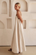 Contrast Trim Square Neck Spaghetti Strap Oversized Linen Maxi Dress