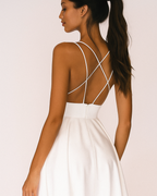 Double Strap Deep V Neck Full Skirt A Line Midi Dress - Formal