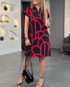 Geometric Scale Print Collared Short Sleeve Casual Shirt Dress