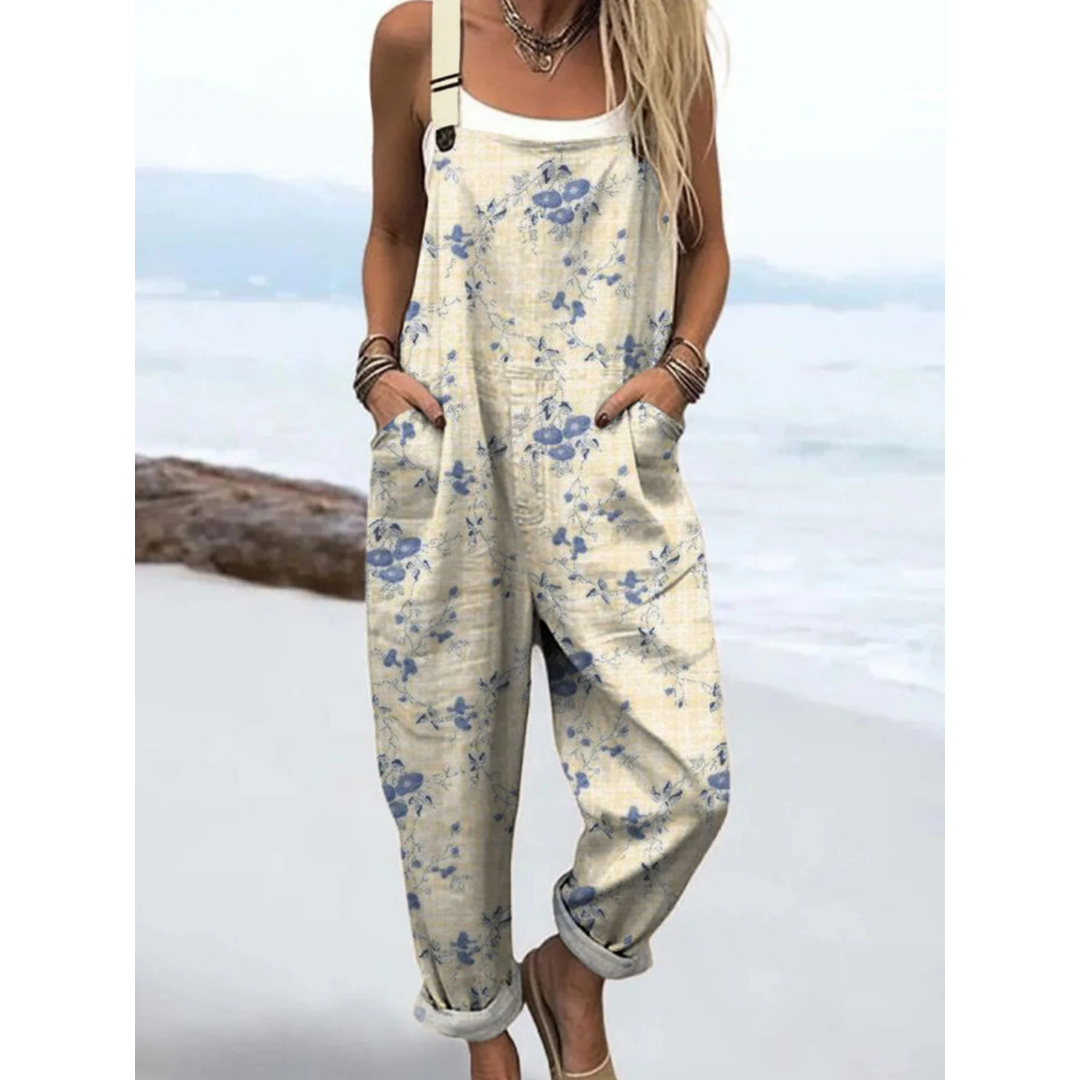 Ditsy Floral Linen Adjustable Strap Pocket Boho Jumpsuit