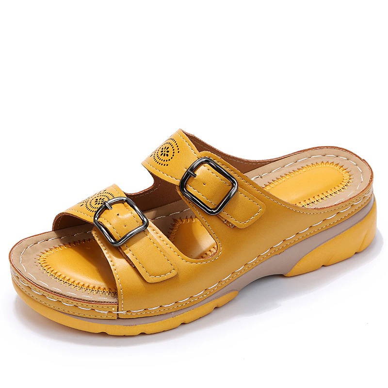 Double Buckle Strap Laser Cut Wedge Platform Slide Sandal