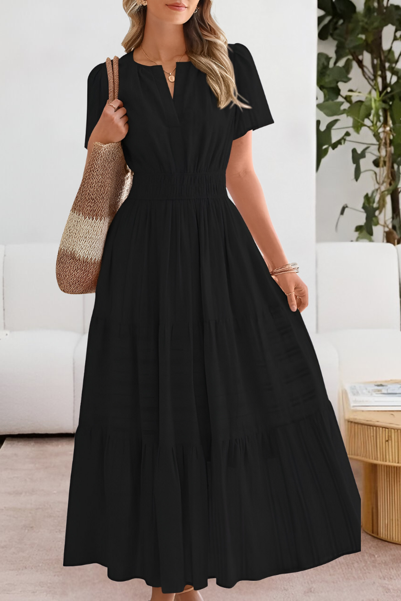 Flutter Sleeve V Neck Smocked Waist Tiered Flowy Maxi Dress