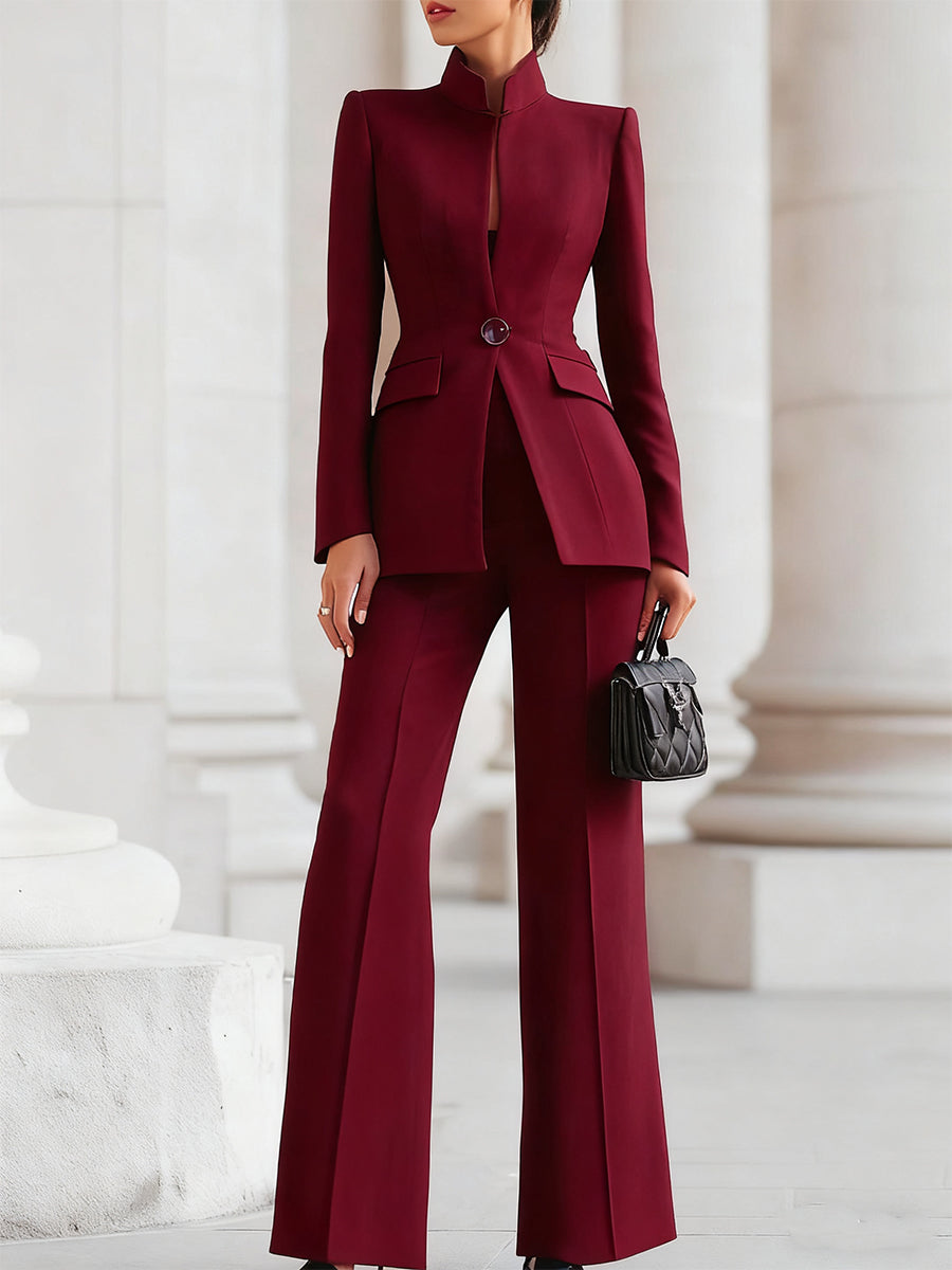 Stand Collar Gem Button Fitted Blazer and Flare Pant Tailored Set