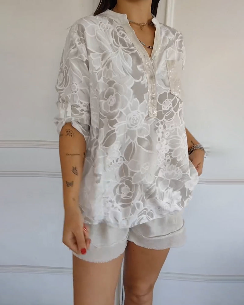 Floral Print V-Neck Half Sleeve Casual Blouse