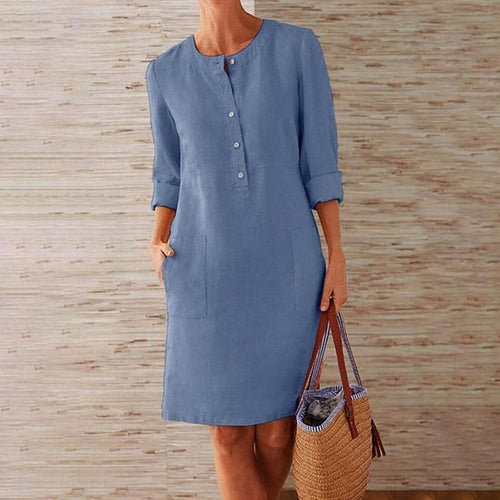 Crew Neck Half Button Roll Sleeve Patch Pocket Linen Midi Dress