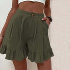 High Waist Ruffle Hem Single Button Casual Cotton Short
