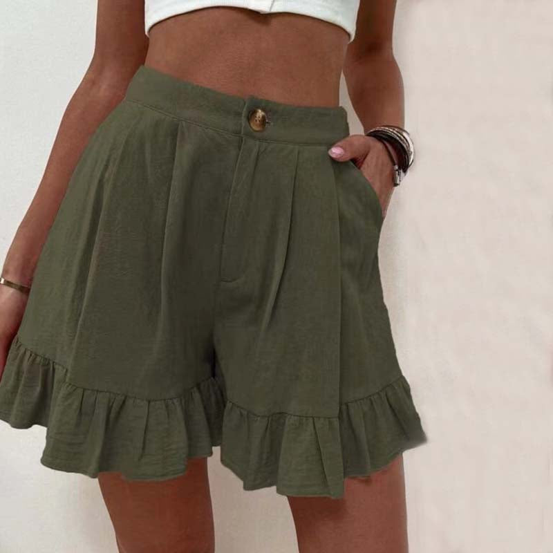 High Waist Ruffle Hem Single Button Casual Cotton Short