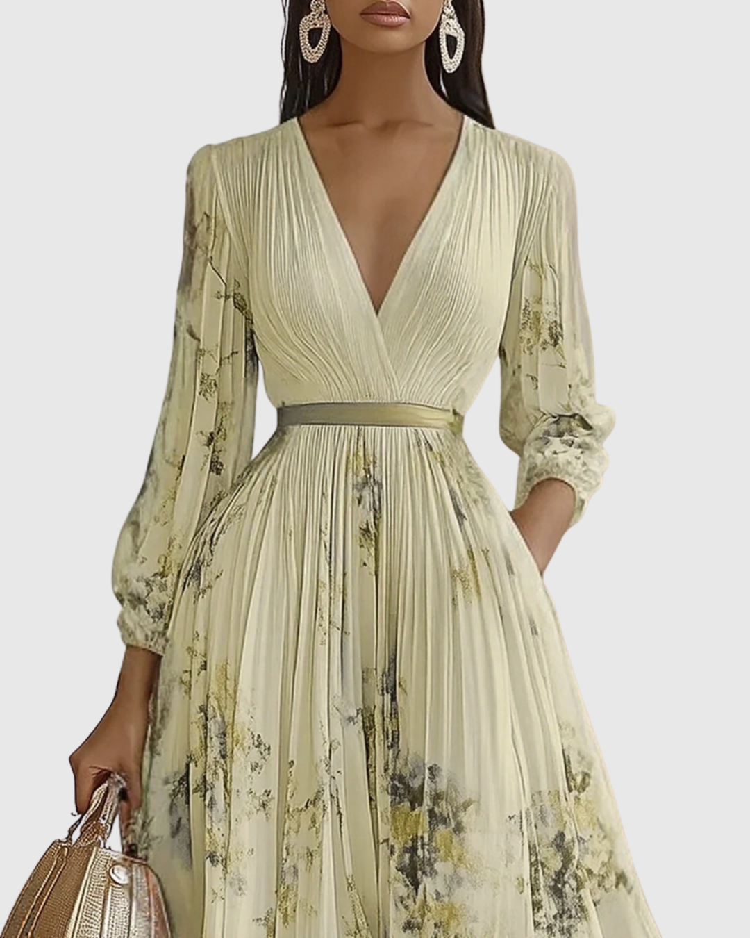 Floral Pleated V-Neck Belted Maxi Dress - Wedding Guest Gown