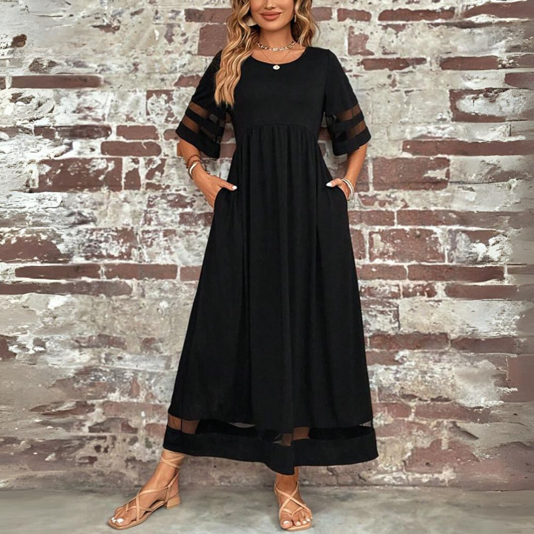 Mesh Panel Flare Sleeve Smock Waist Casual Maxi Dress