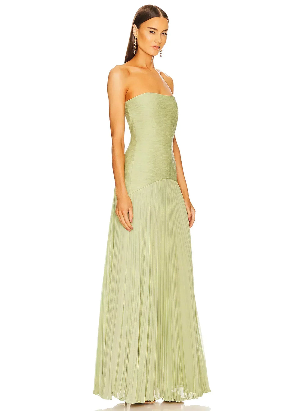 Strapless Ruched Bodice Pleated Skirt Flowy Maxi Dress - Wedding Guest