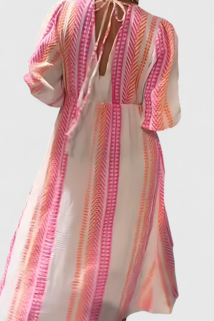 Tropical Stripe Print V Neck Puff Sleeve Empire Waist Maxi Dress