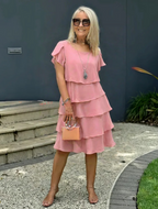 Flutter Sleeve Tiered Ruffle Layer Chiffon Midi Dress