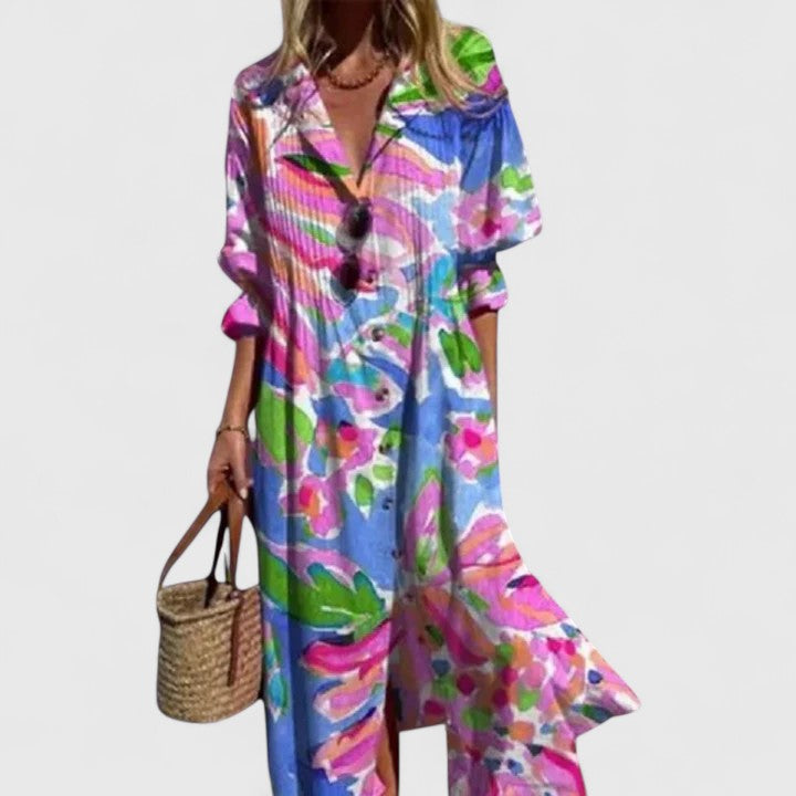 Watercolour Floral Hem Button Front Boho Maxi Dress