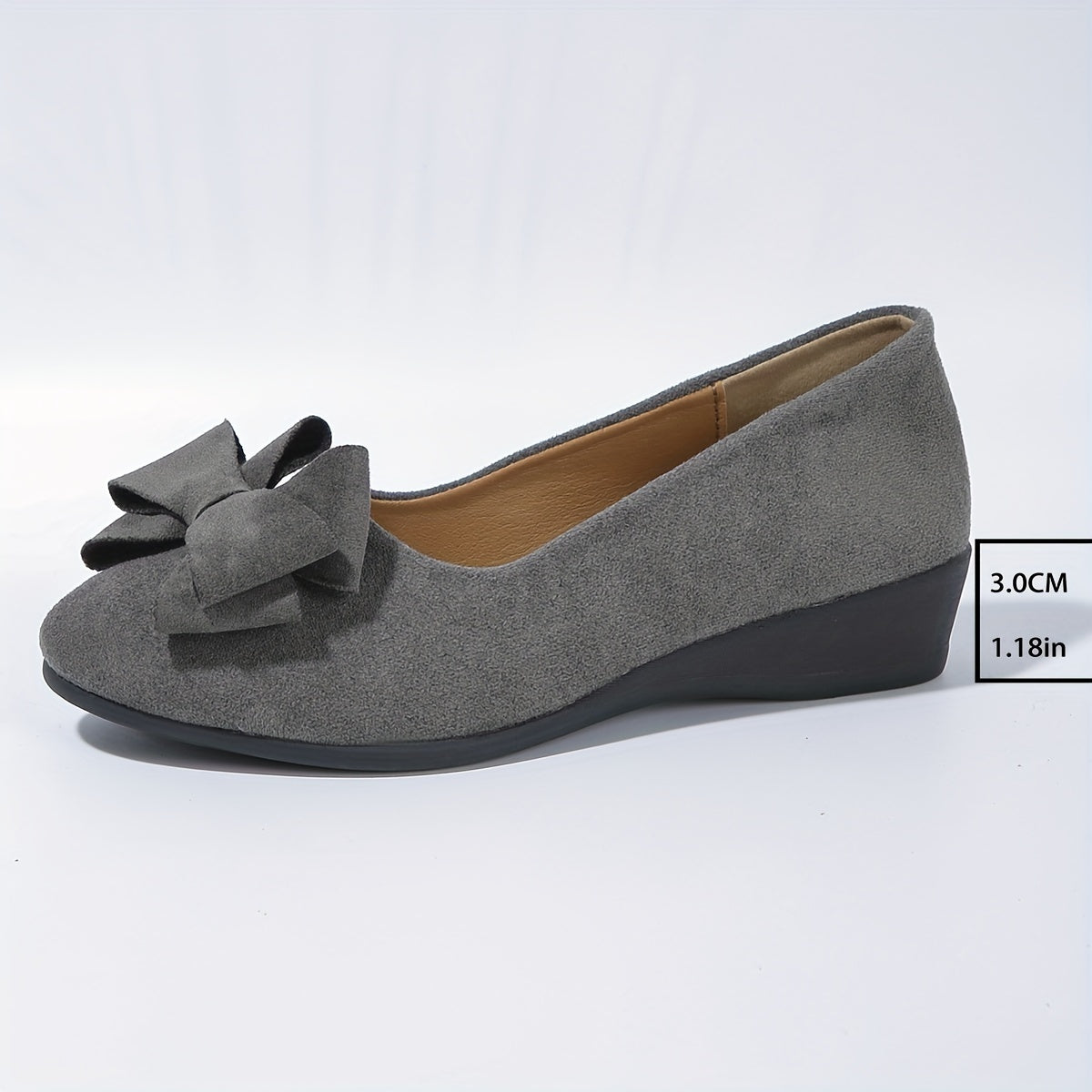 Suede Bow Detail Round Toe Slip On Wedge Ballet Flats