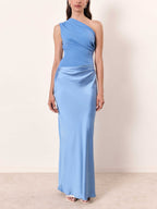 One Shoulder Ruched Satin Maxi Dress - Wedding Guest