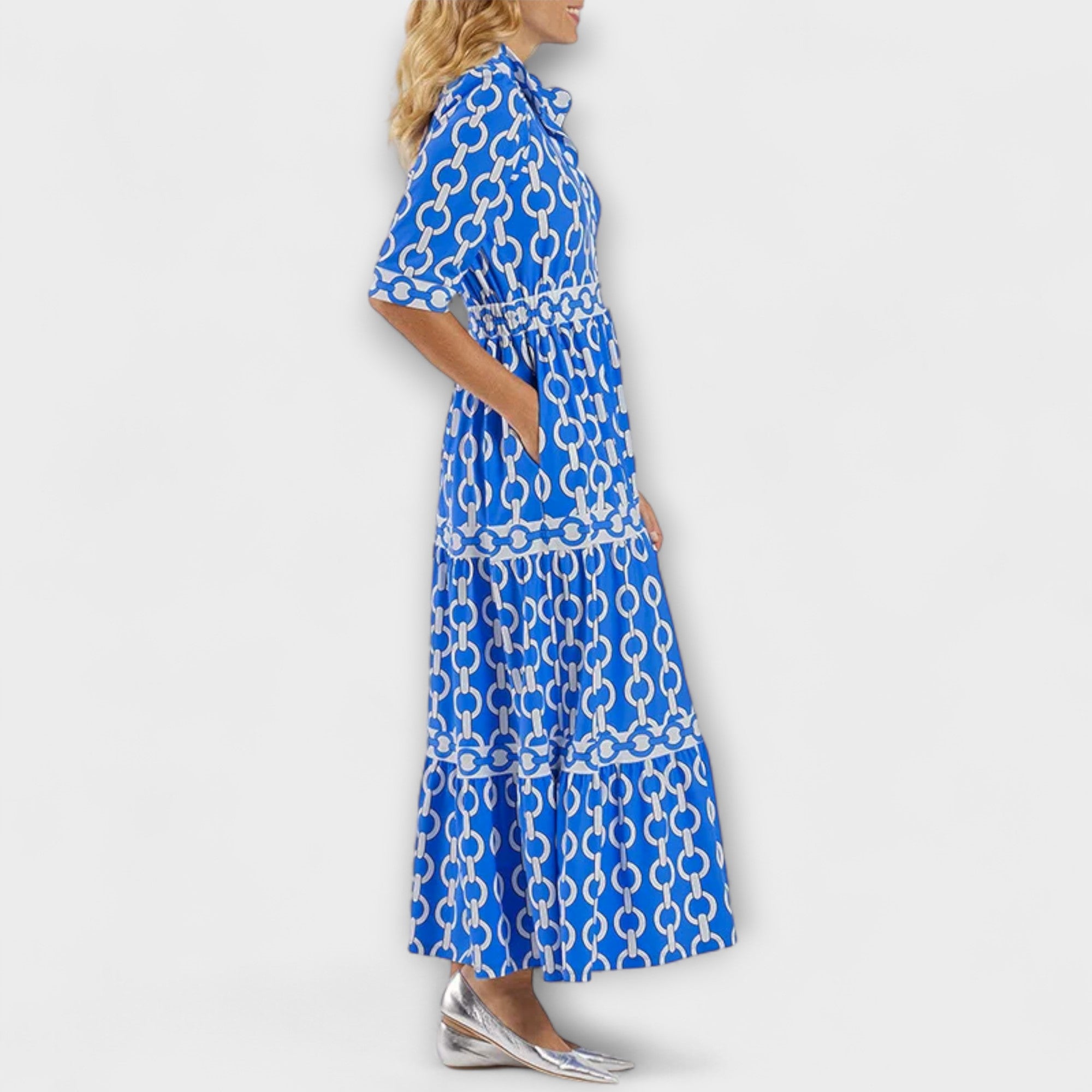 Chain Print Tiered Shirt Casual Midi Dress