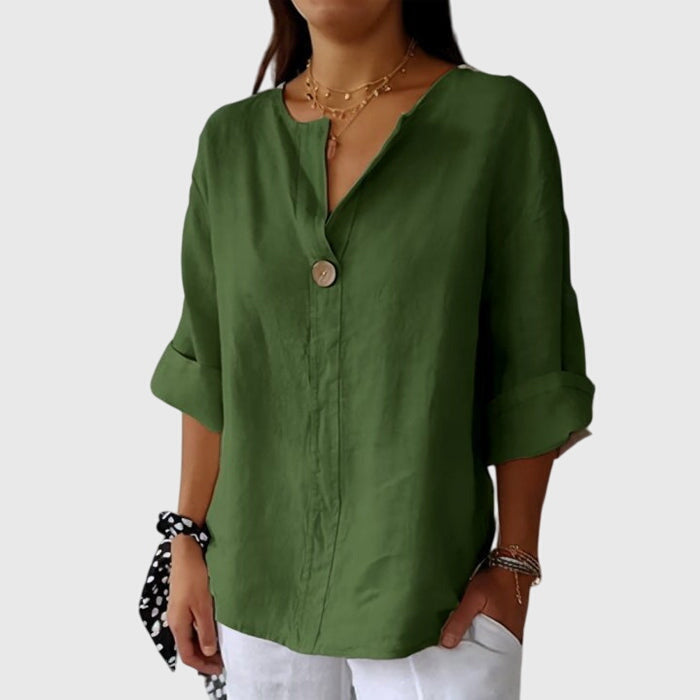 Single Button V Neck Roll Tab Sleeve Relaxed Linen Blouse