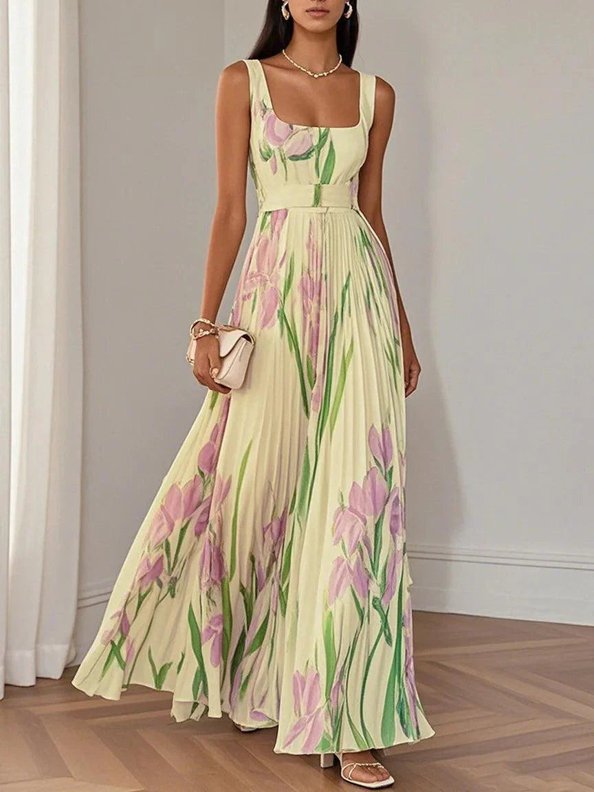 Floral Pleated Square Neck Sleeveless Maxi Dress - Wedding Guest