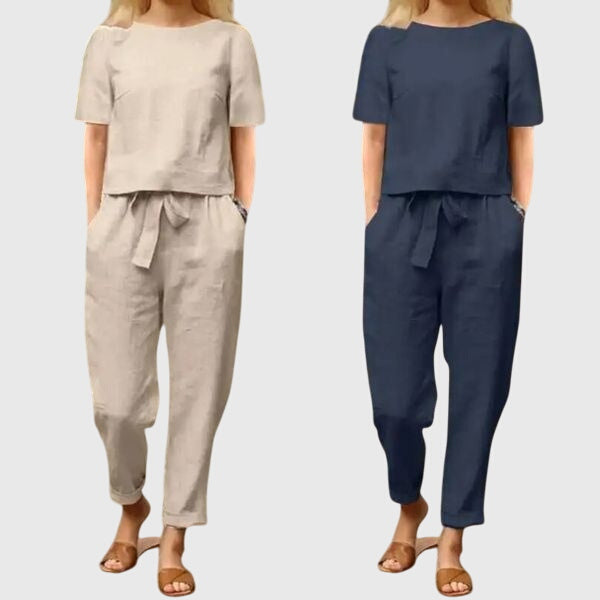 Short Sleeve Crop Top Belted Trouser Linen Two Piece Set
