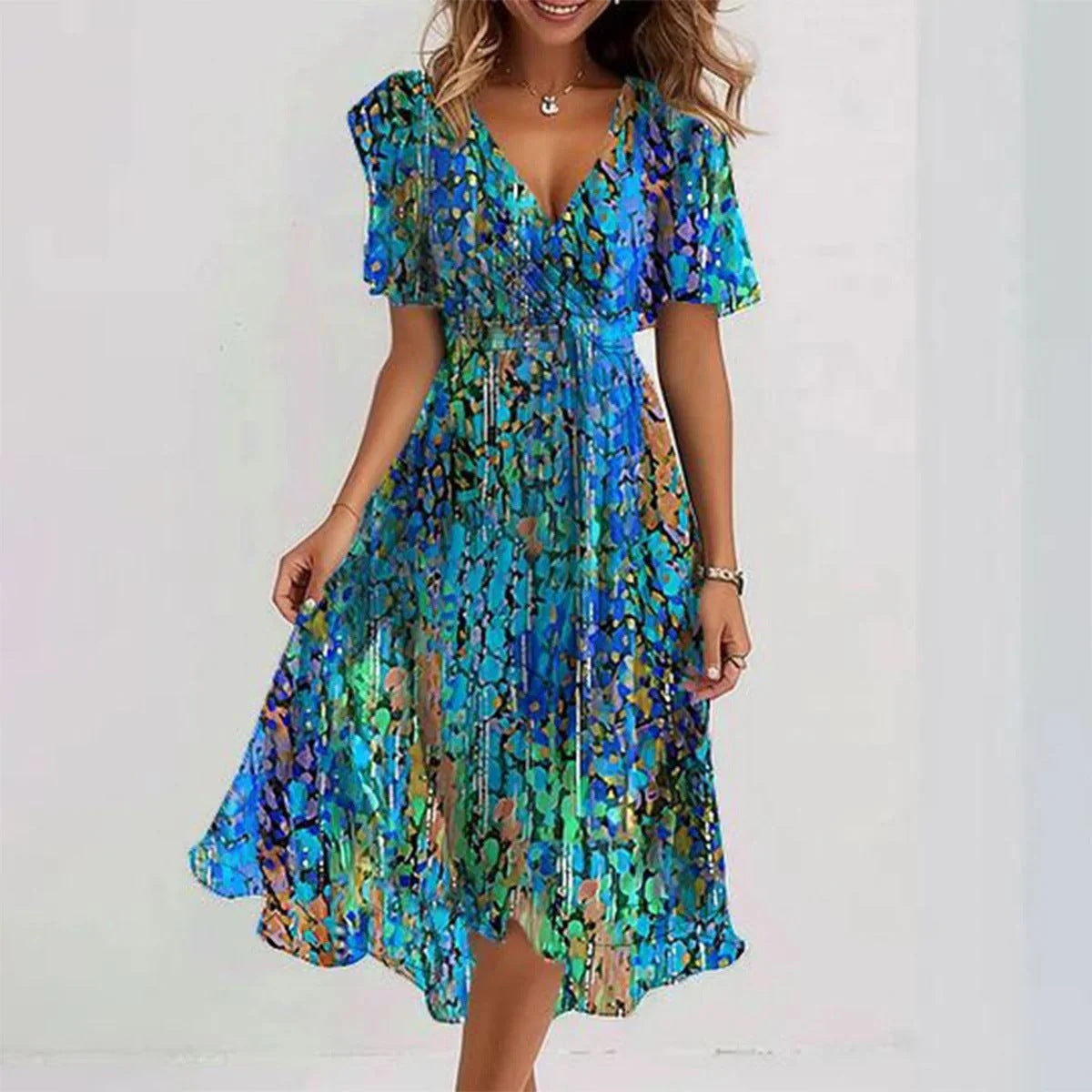 Floral Abstract V Neck Flutter Sleeve Midi Dress