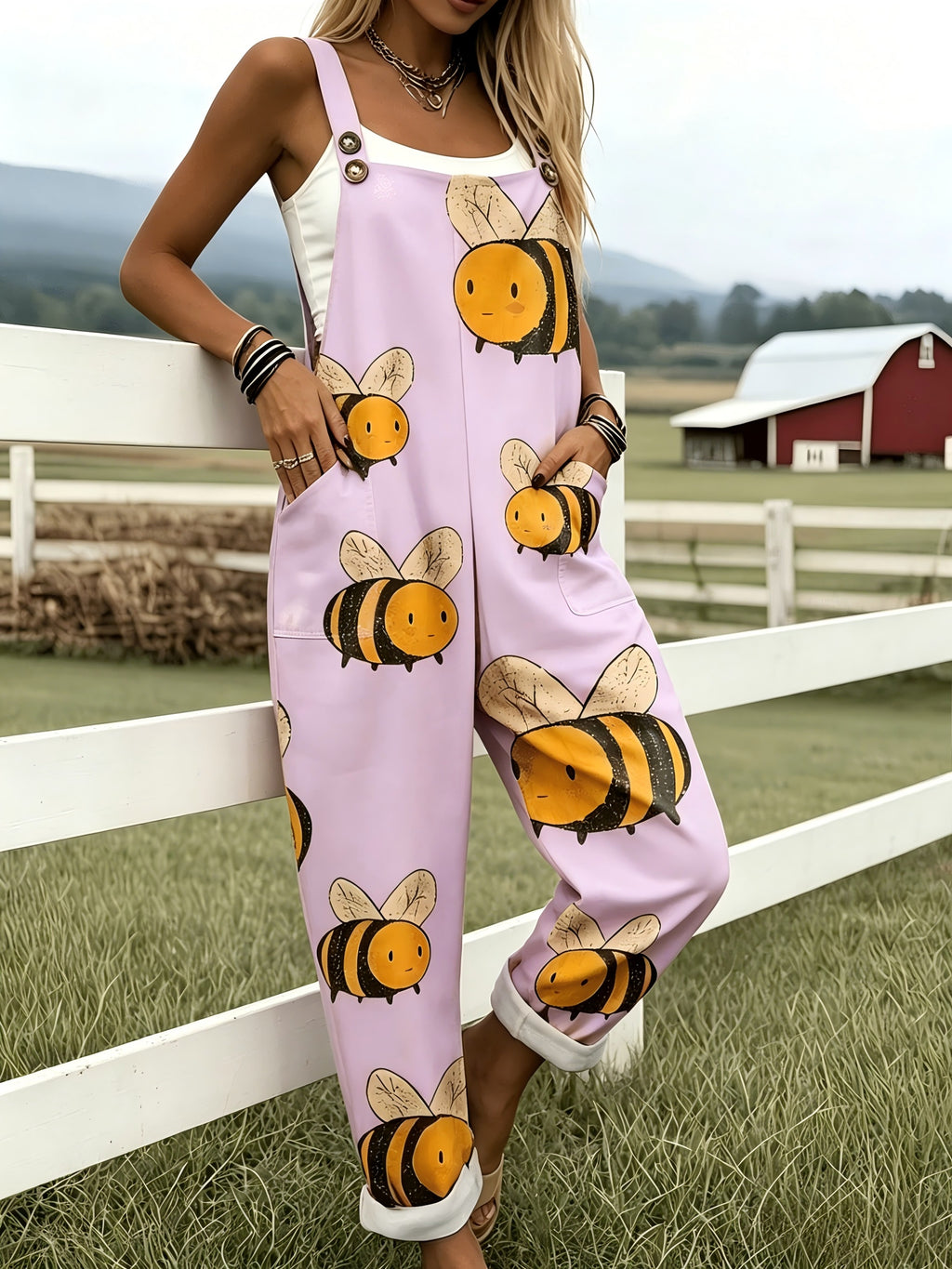 Oversized Bee Print Adjustable Strap Roll Cuff Casual Jumpsuit