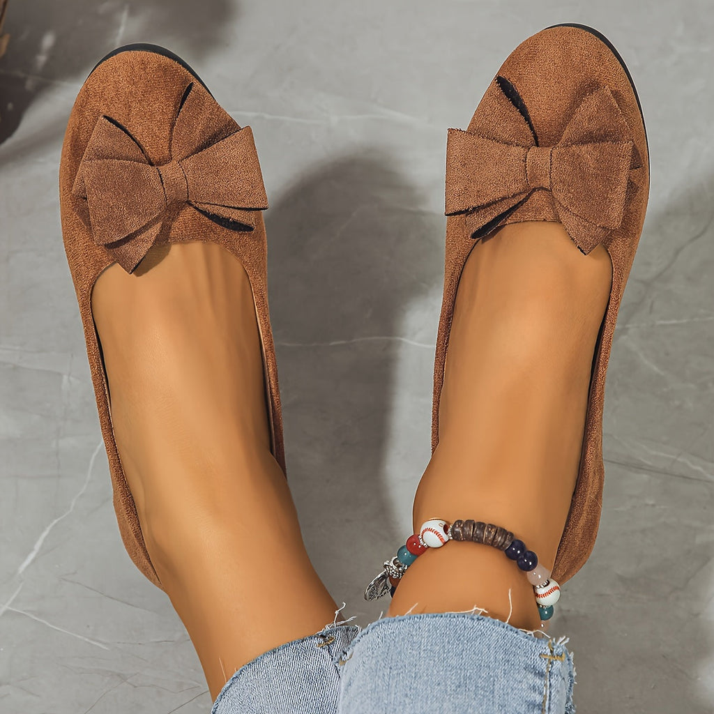 Suede Bow Detail Round Toe Slip On Wedge Ballet Flats