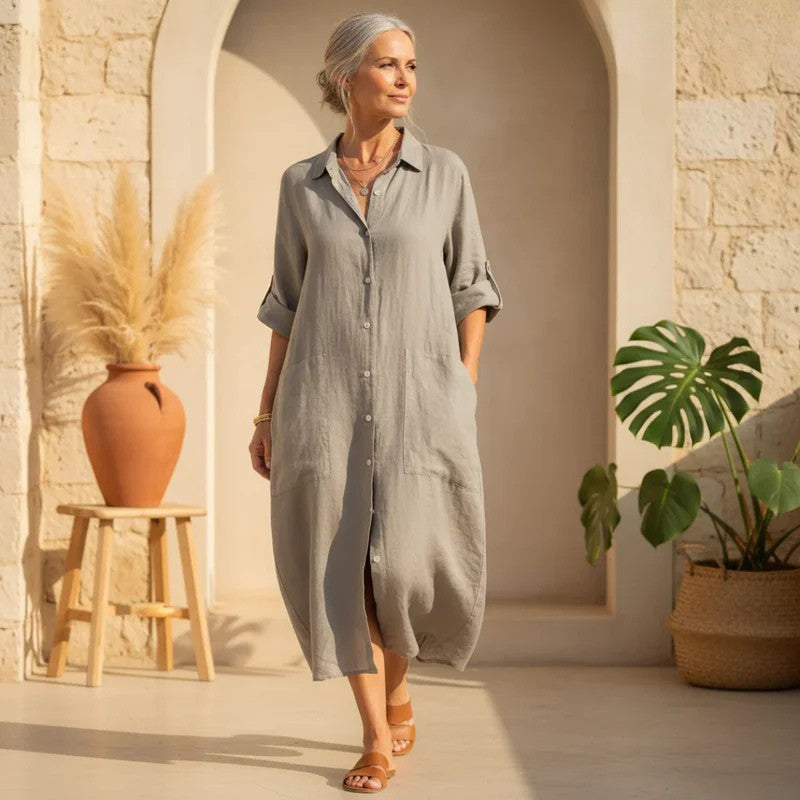 Linen Oversized Button Down Pocket Casual Shirt Dress