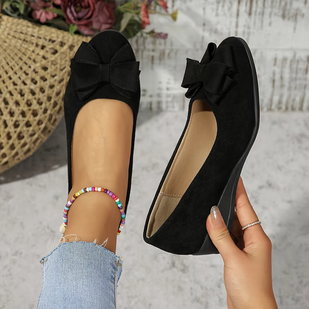 Suede Bow Detail Round Toe Slip On Wedge Ballet Flats
