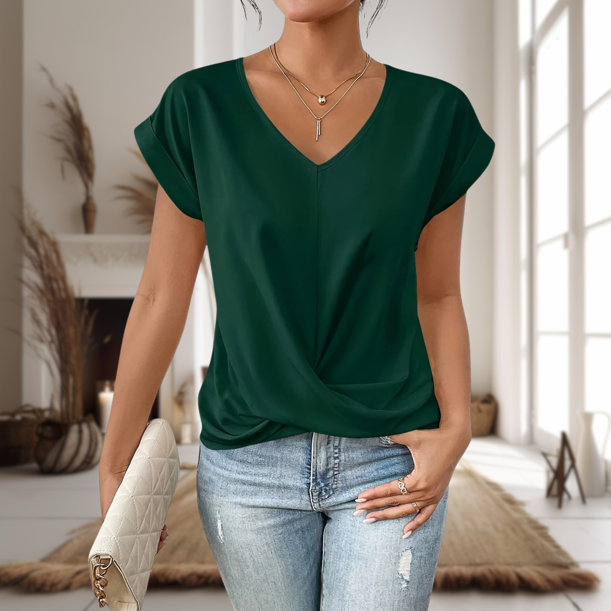 V Neck Twist Front Batwing Sleeve Casual Cropped Top