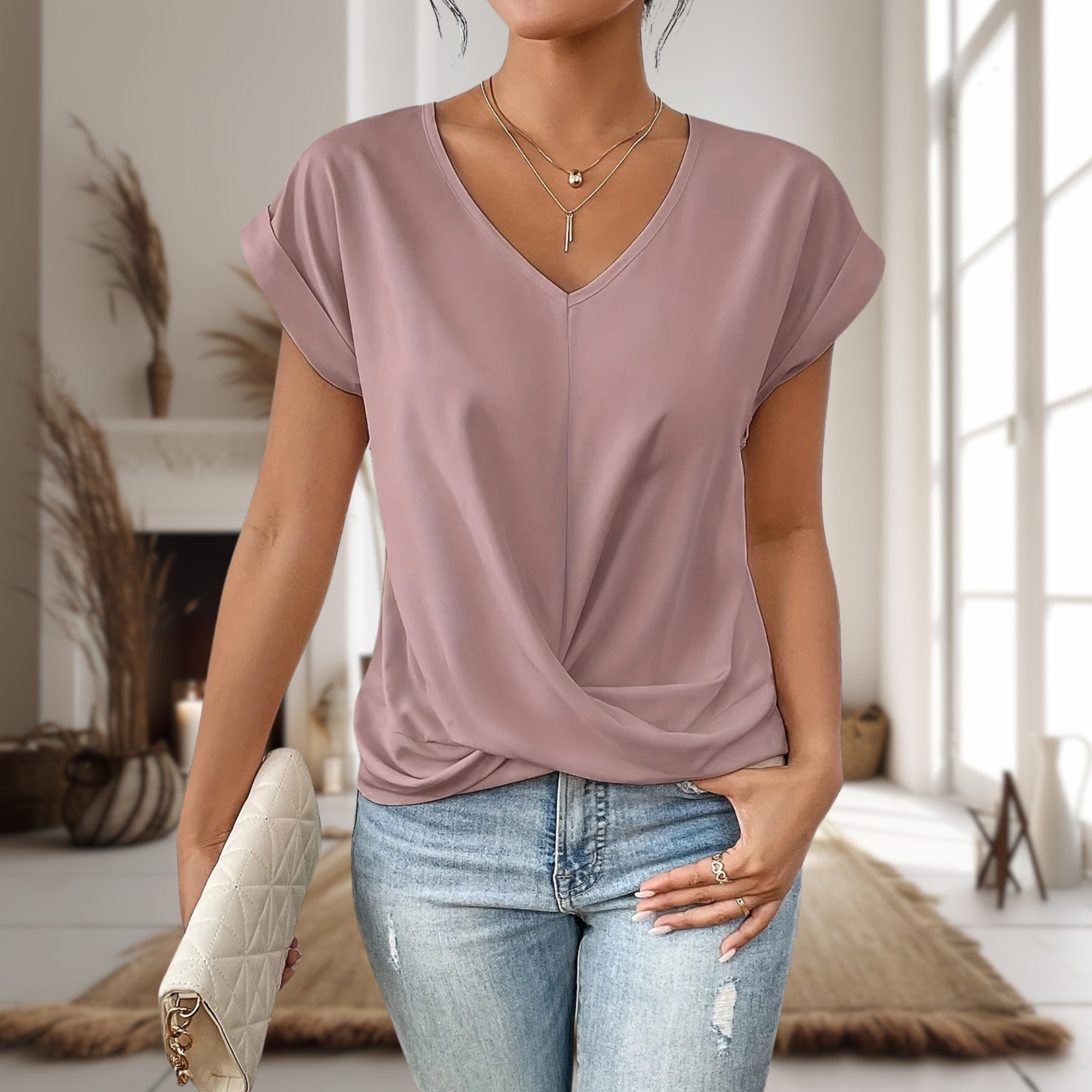 V Neck Twist Front Batwing Sleeve Casual Cropped Top
