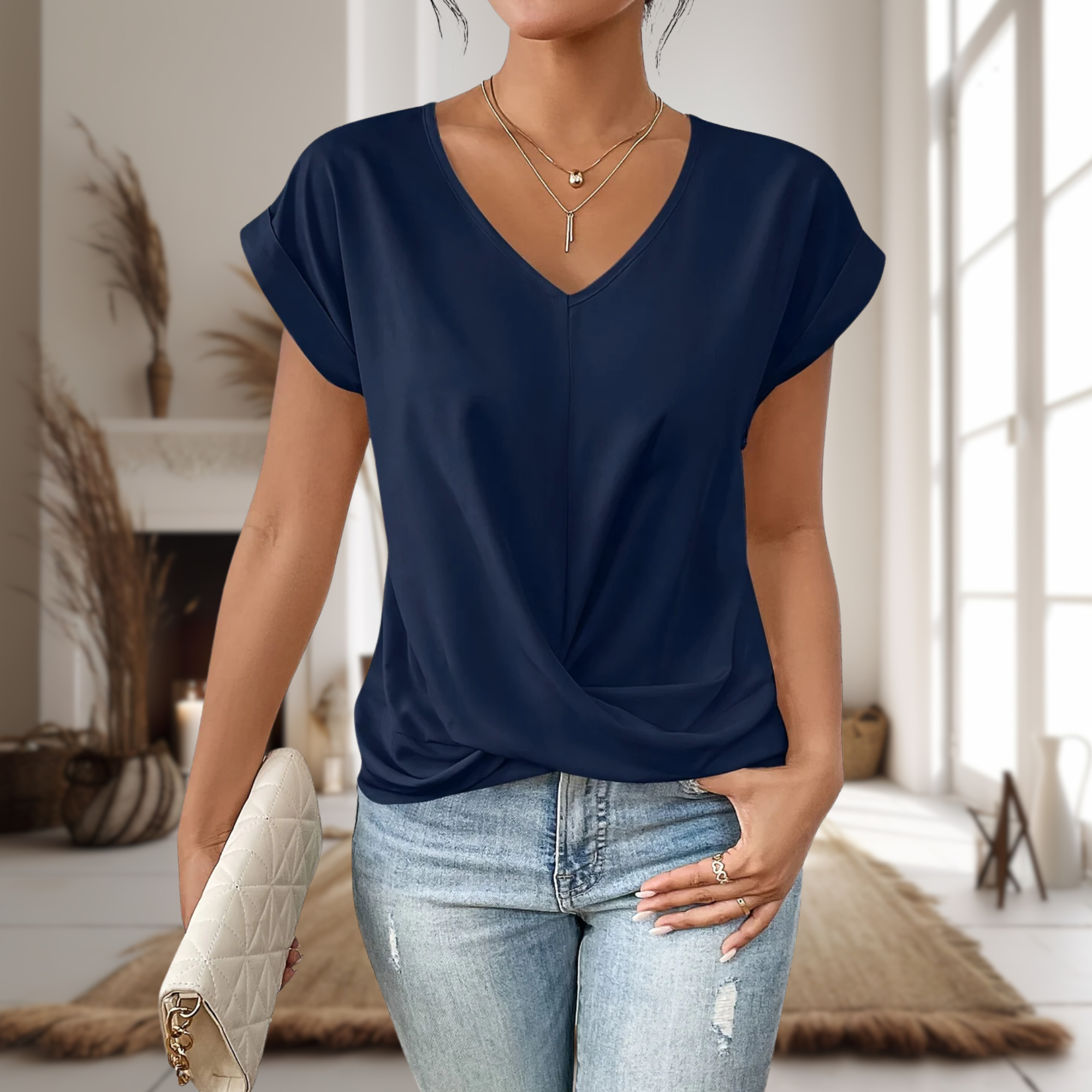 V Neck Twist Front Batwing Sleeve Casual Cropped Top