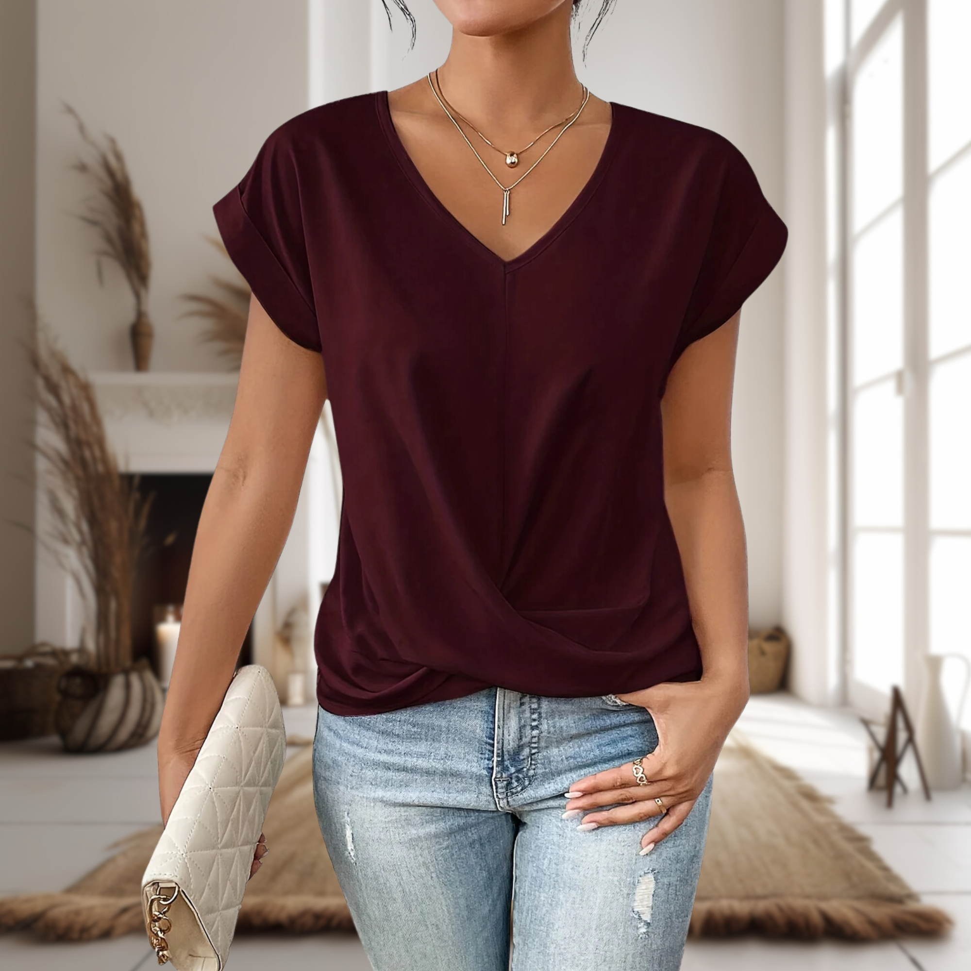 V Neck Twist Front Batwing Sleeve Casual Cropped Top