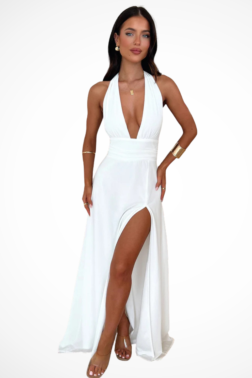 Deep V Halter Neck High Split Chiffon Maxi Dress - Formal Evening Gown