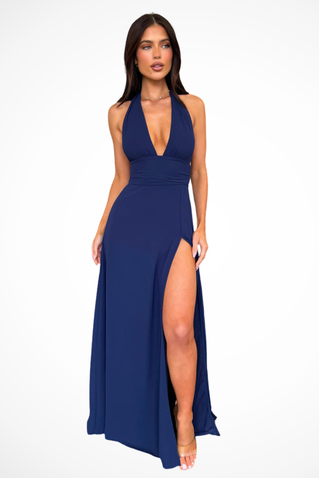 Deep V Halter Neck High Split Chiffon Maxi Dress - Formal Evening Gown