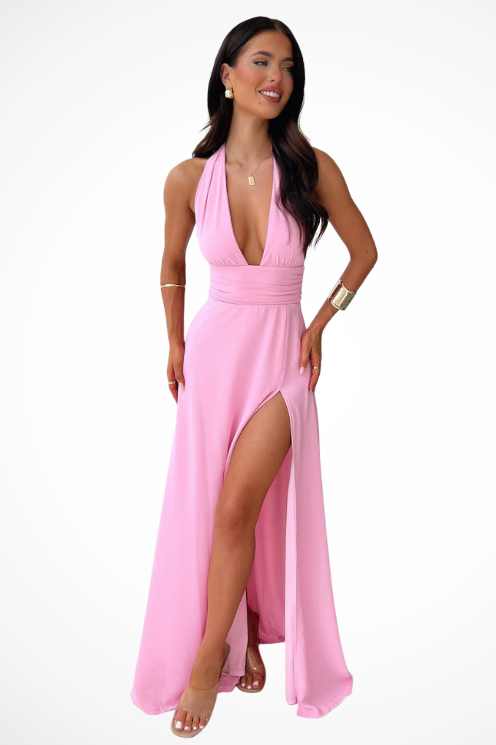Deep V Halter Neck High Split Chiffon Maxi Dress - Formal Evening Gown