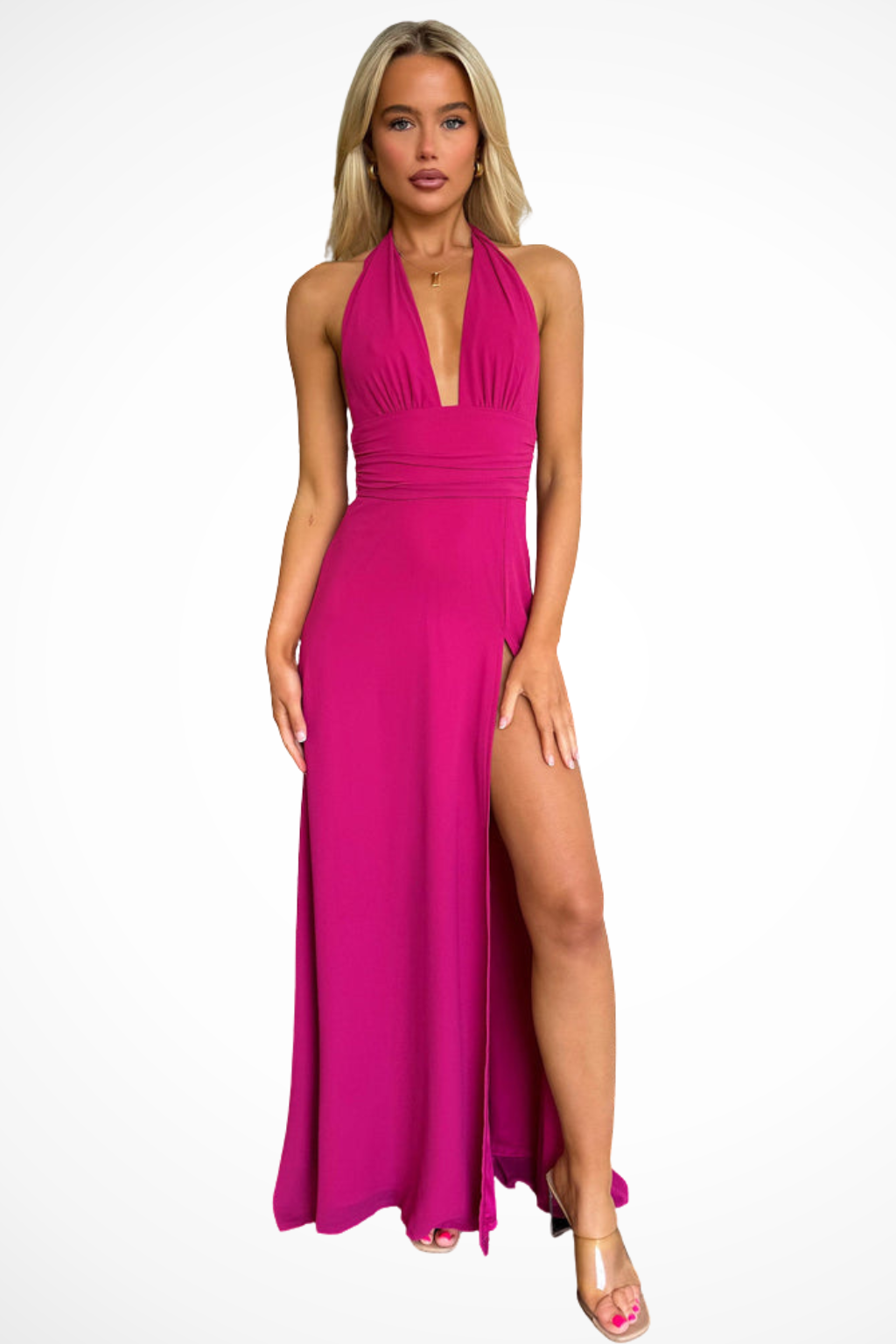 Deep V Halter Neck High Split Chiffon Maxi Dress - Formal Evening Gown