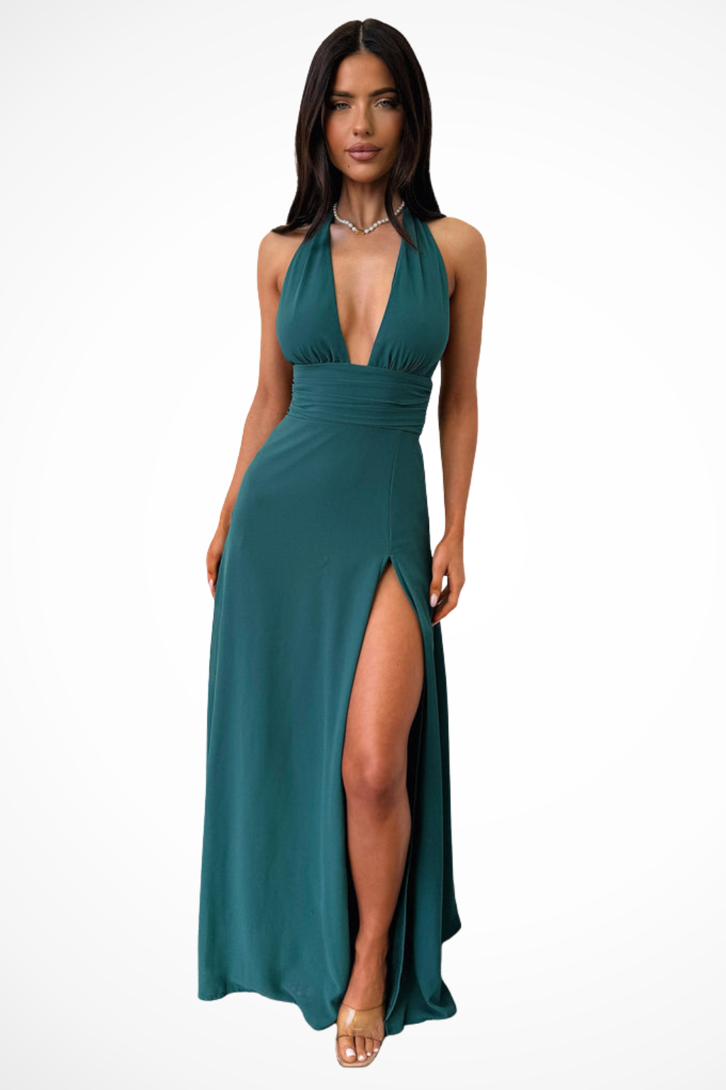 Deep V Halter Neck High Split Chiffon Maxi Dress - Formal Evening Gown