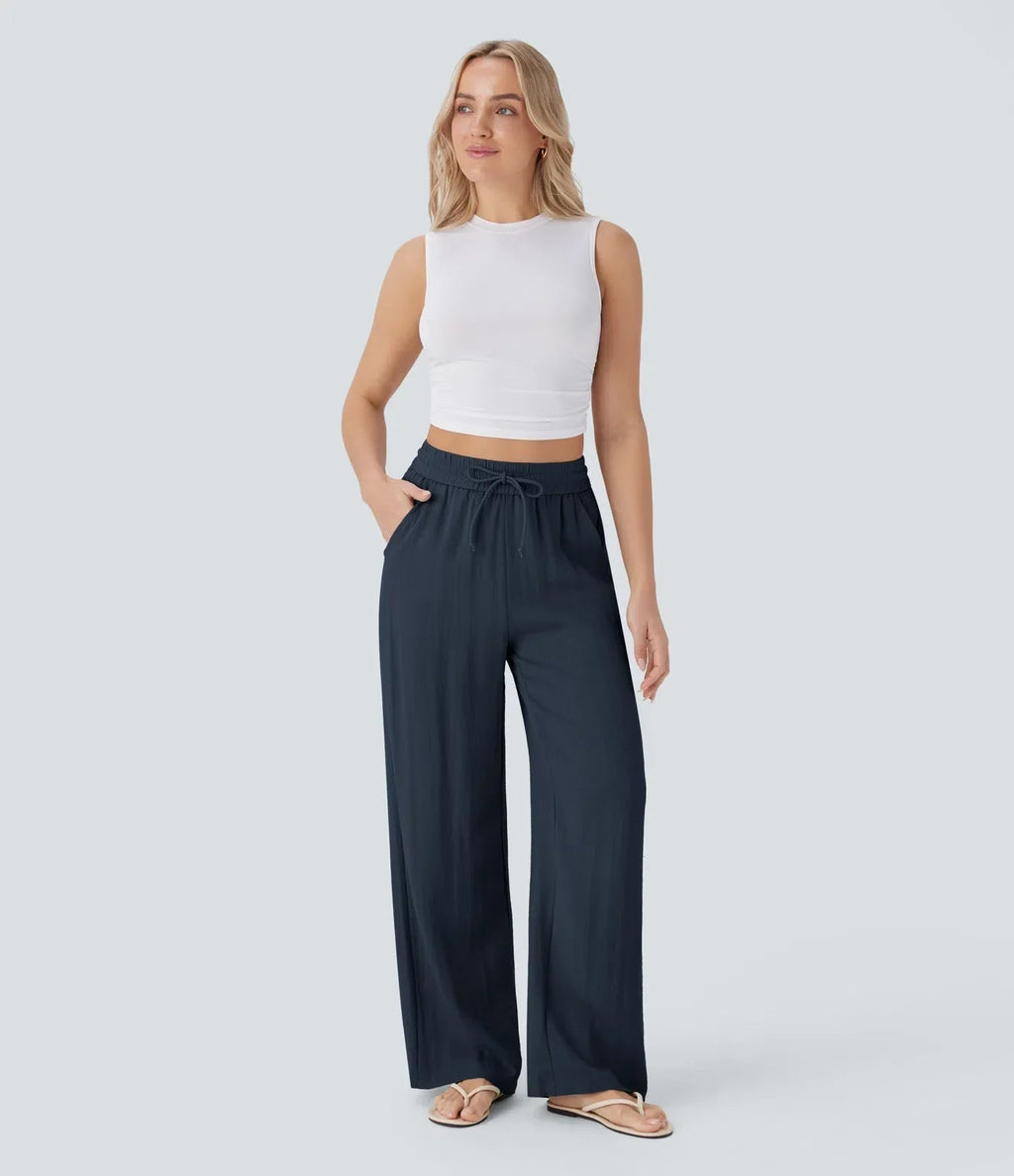 Smocked High Waist Drawstring Wide Leg Linen Pant