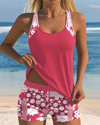 Floral Print Racerback Tankini Top Boyshort Swimsuit Set