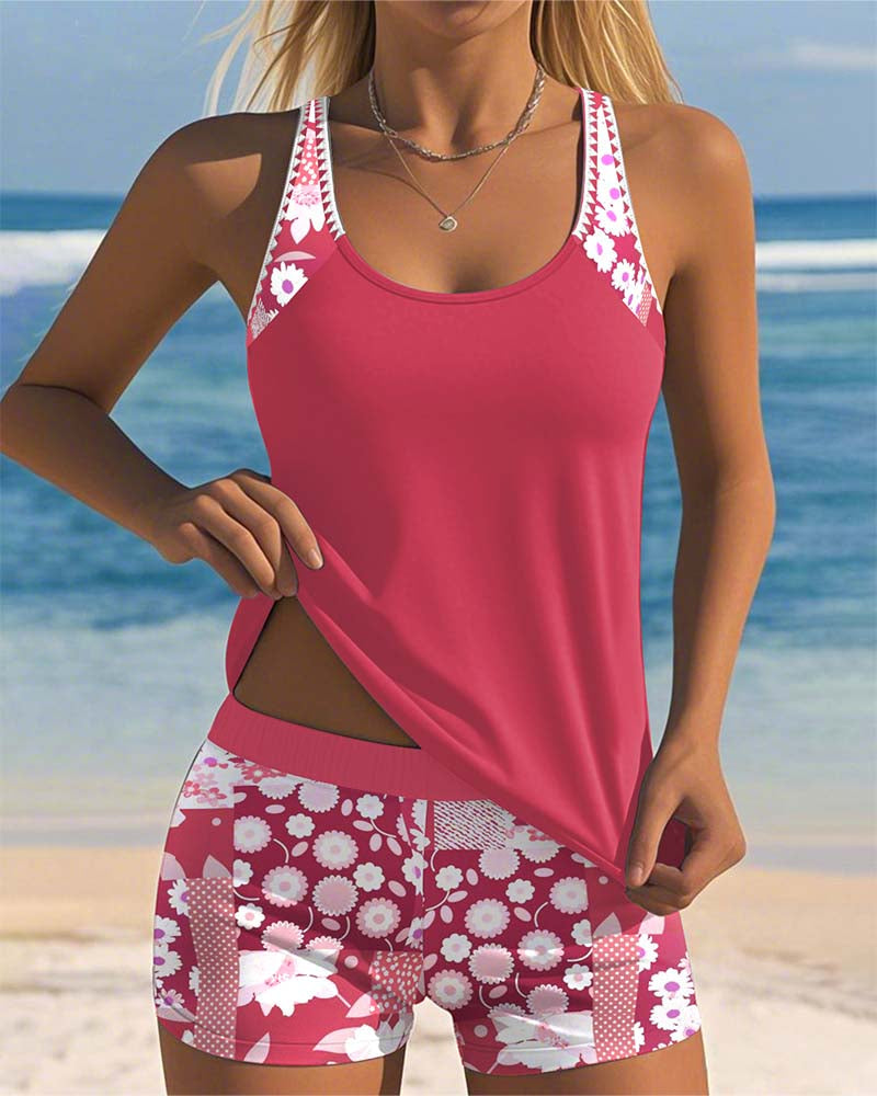 Floral Print Racerback Tankini Top Boyshort Swimsuit Set