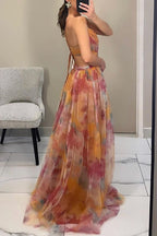 Floral Tulle Strappy Maxi Dress - Formal Evening Gown