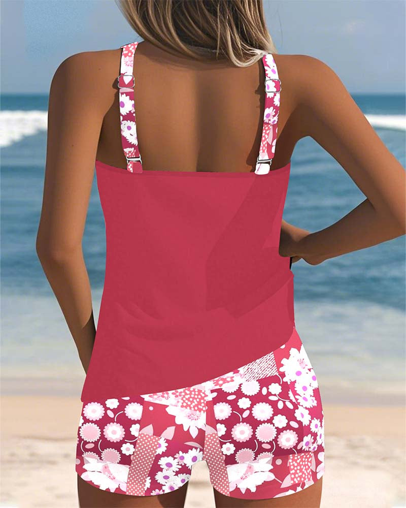 Floral Print Racerback Tankini Top Boyshort Swimsuit Set