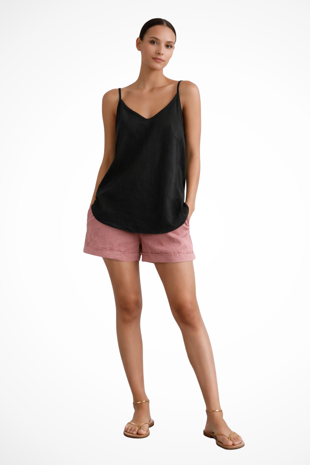 Linen Spaghetti Strap V-Neck Relaxed Cami Top