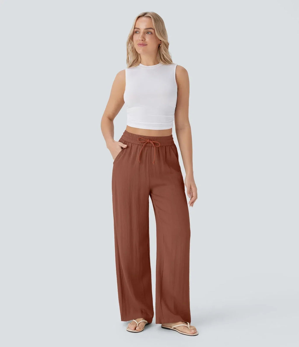 Smocked High Waist Drawstring Wide Leg Linen Pant