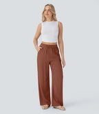 Smocked High Waist Drawstring Wide Leg Linen Pant