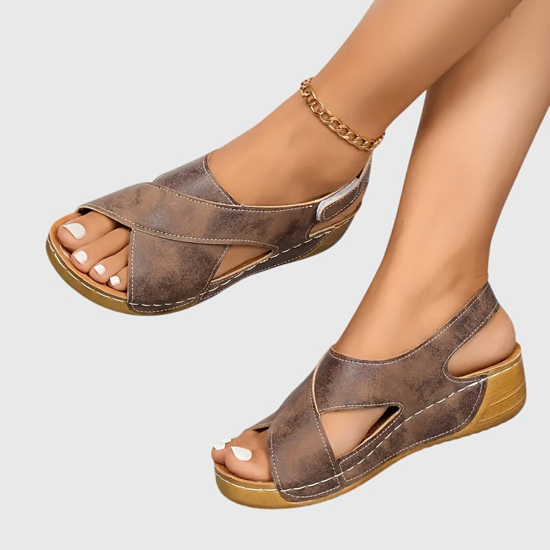 Suede Cross Strap Cut Out Slingback Comfort Wedge Sandal